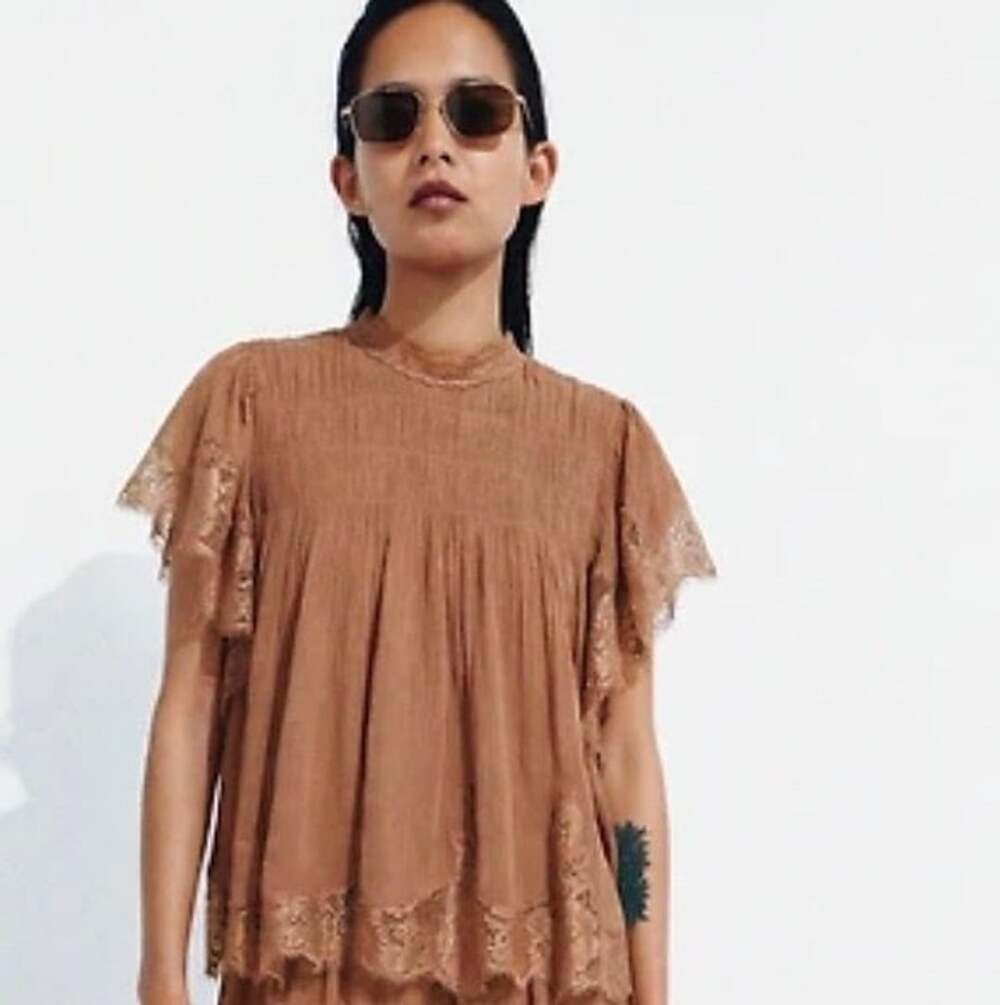Zara ZW Collection Lace Ruffle Top Brick Brown